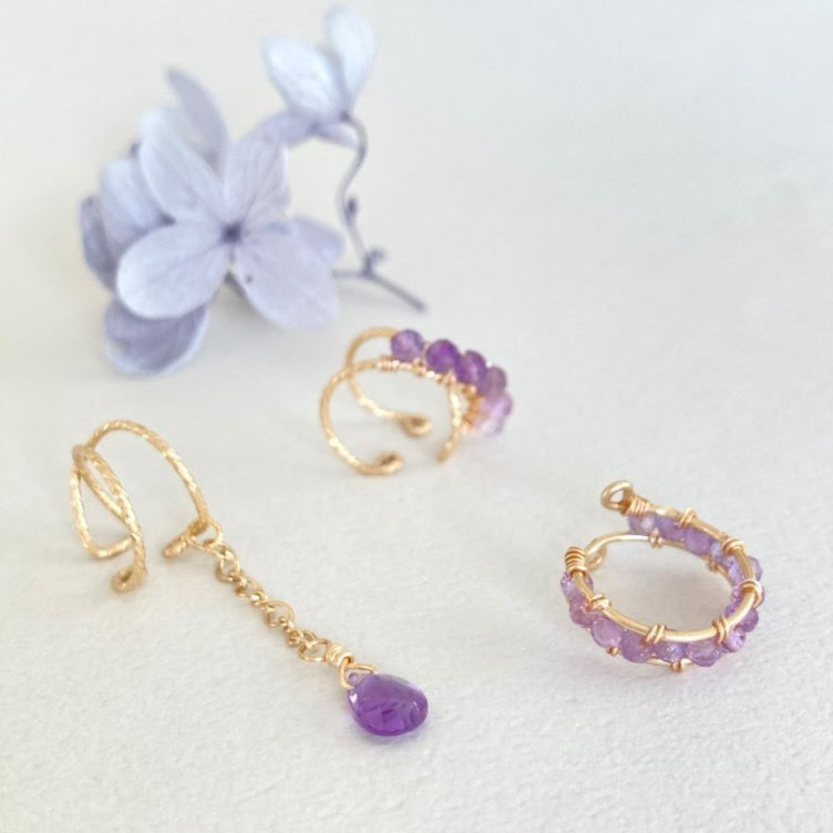 <Handmade in Japan> 14k鍍金長鍊配寶石級紫水晶耳骨夾