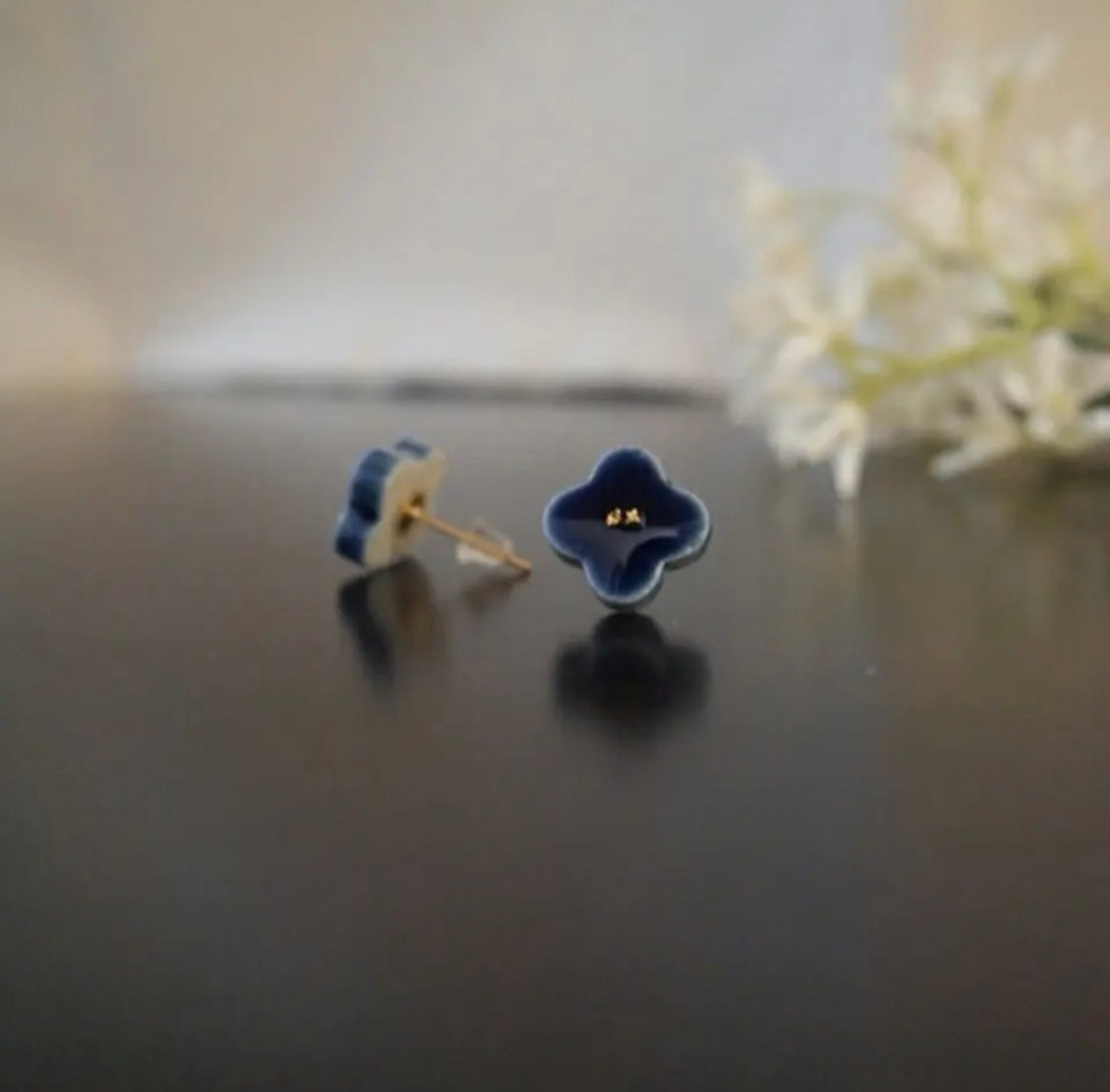 <Handmade in Japan> 美濃焼陶瓷小花金箔耳環